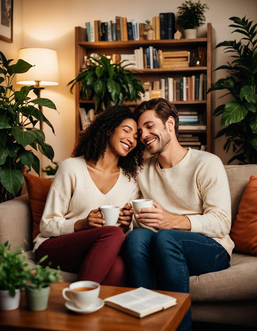 A warm, inviting scene of a couple sitting close on a cozy couch, sharing a laugh over a cup of tea, surrounded by plants and soft lighting. Their body language shows affection and connection, with a subtle heart shape formed by their hands. A small bookshelf in the background filled with relationship books symbolizes growth and support. The atmosphere is intimate and vibrant, evoking feelings of love and connection. super-realistic. warm colors. soft lighting.