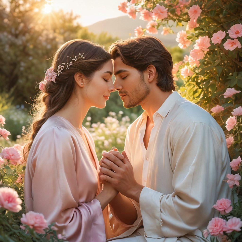 A tender scene depicting two people engaged in deep conversation, surrounded by blooming flowers symbolizing love and growth. The warm sunlight casts a gentle glow on their faces, emphasizing their connection. Include soft, flowing lines to represent harmony and understanding. The background features a calming landscape, hinting at stability and lasting bonds. pastel colors. super-realistic.