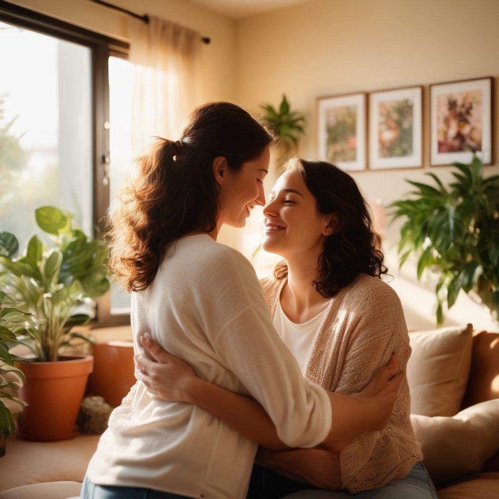 A warm, intimate scene of a couple sharing a heartfelt moment in a sunlit living room, surrounded by family photos and plants, symbolizing love and connection. Include soft colors and gentle lighting to evoke a sense of warmth and closeness. Showcase their expressions of joy and affection, with hands intertwined.  super-realistic. vibrant colors. soft focus.